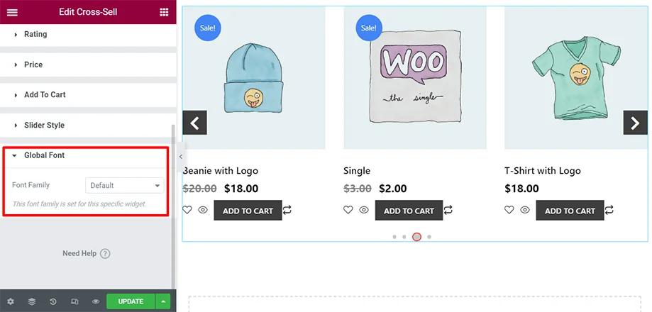 Shop page is on display with global font section