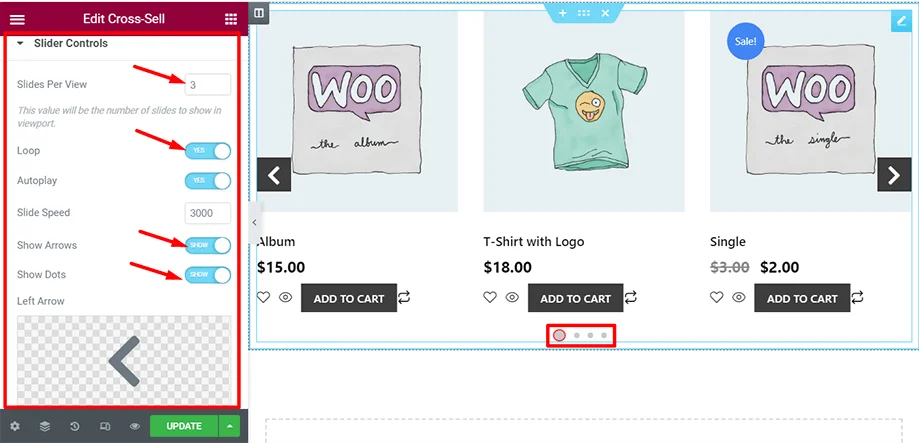Shop page is on display with slider controls section