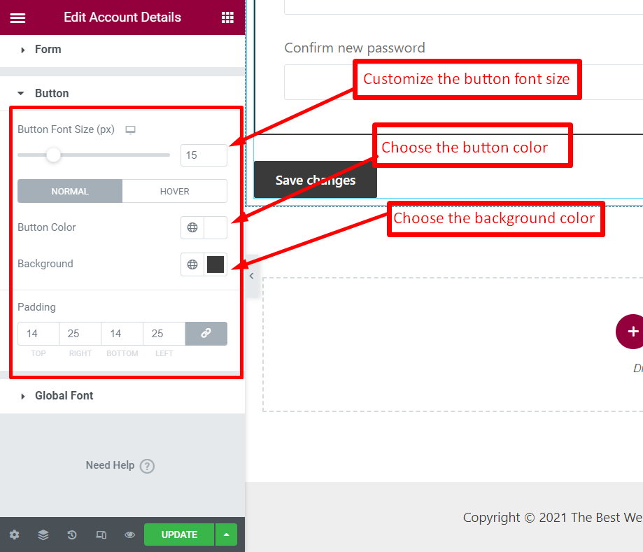 how to customize button for account details