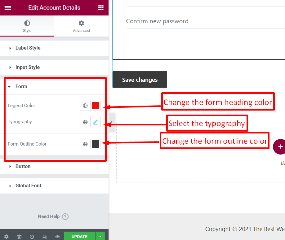 customize form details for account details widget