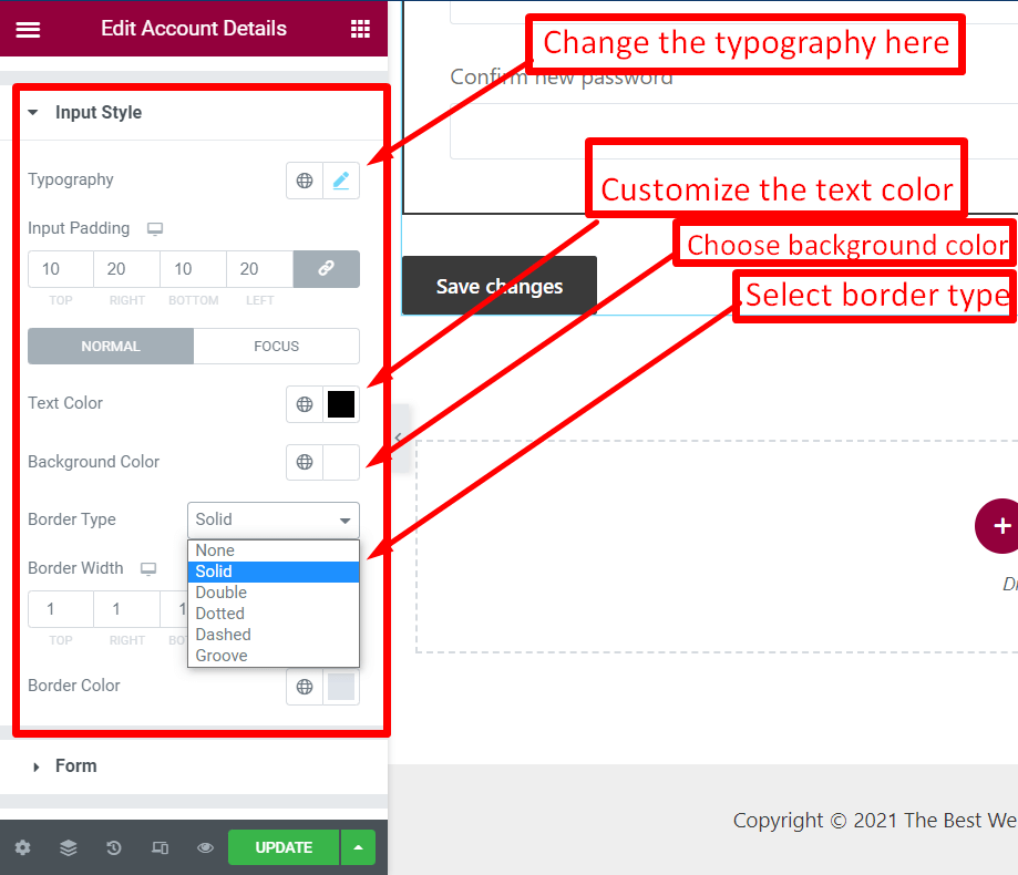 how to customize input details for account details widget