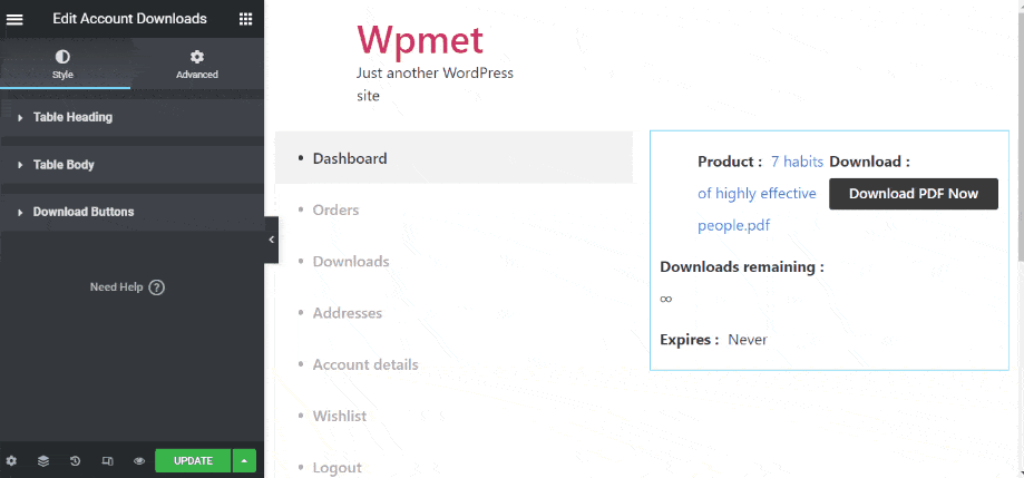 customize the account downloads widget of shopengine on elementor