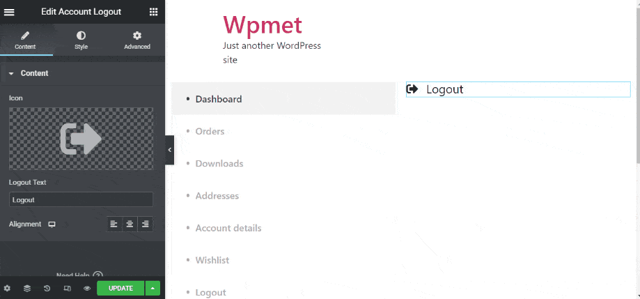Customize the content and style of the account logout widget on Elementor