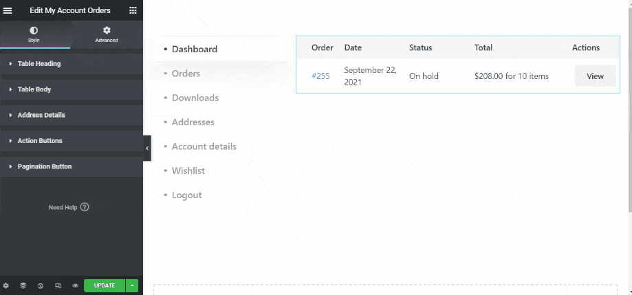 customize the account orders widget with Elemetnor