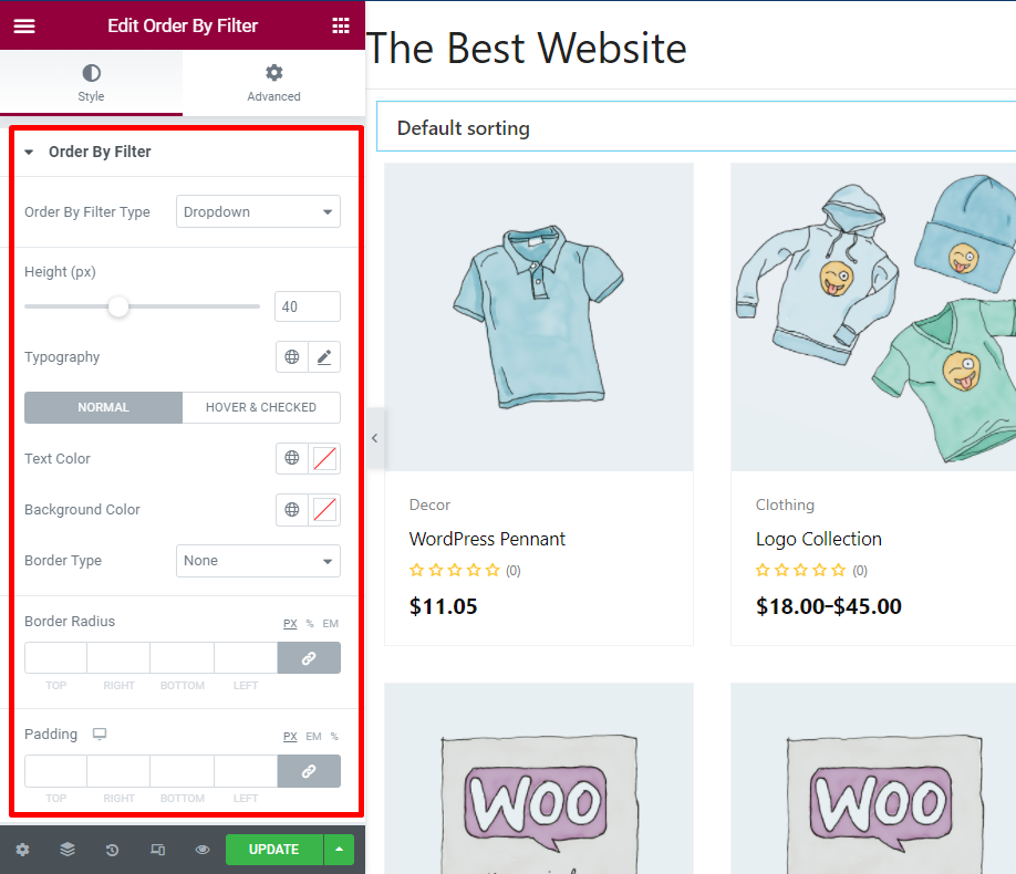 personalizar el orden mediante el widget de filtro