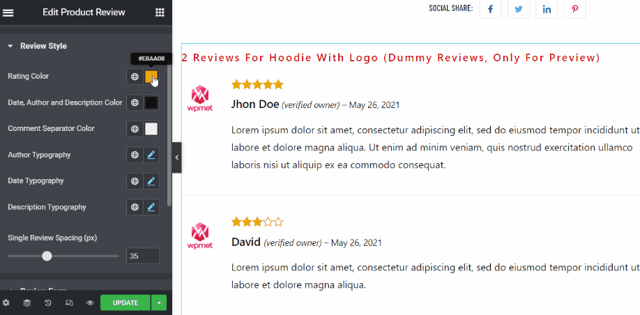 customize the review style of the product review widget
