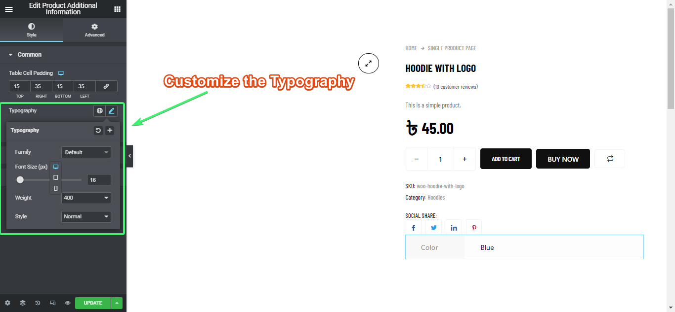 customize the typography of additional product information widget
