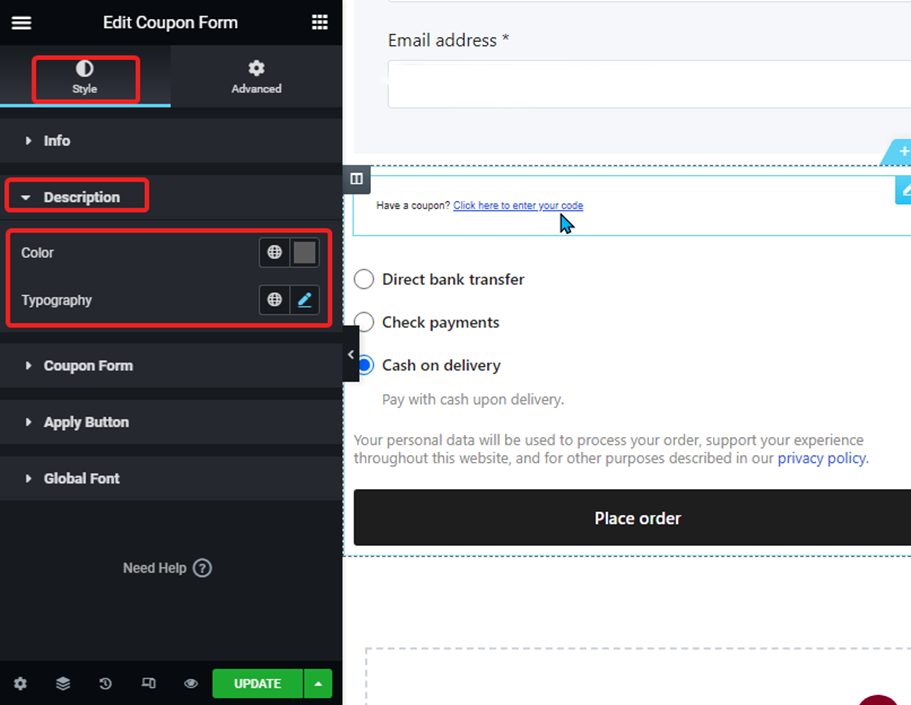 description settings coupon form