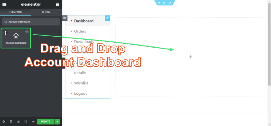 Drag and drop the account dashboard widget on the Account Dashboard page