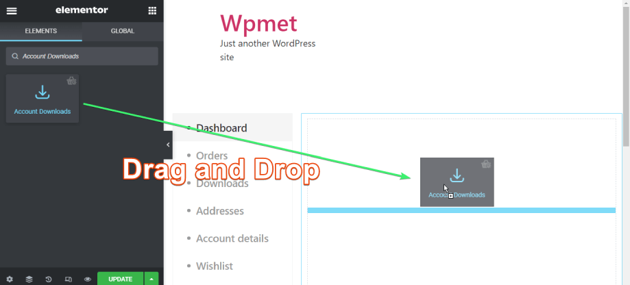 Arrastre y suelte el widget de descargas de cuenta de shopengine en elementor