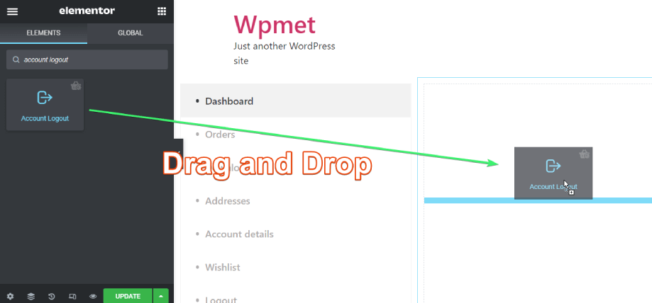 Drag and drop the account logout widget of ShopEngine on Elemetnor content area