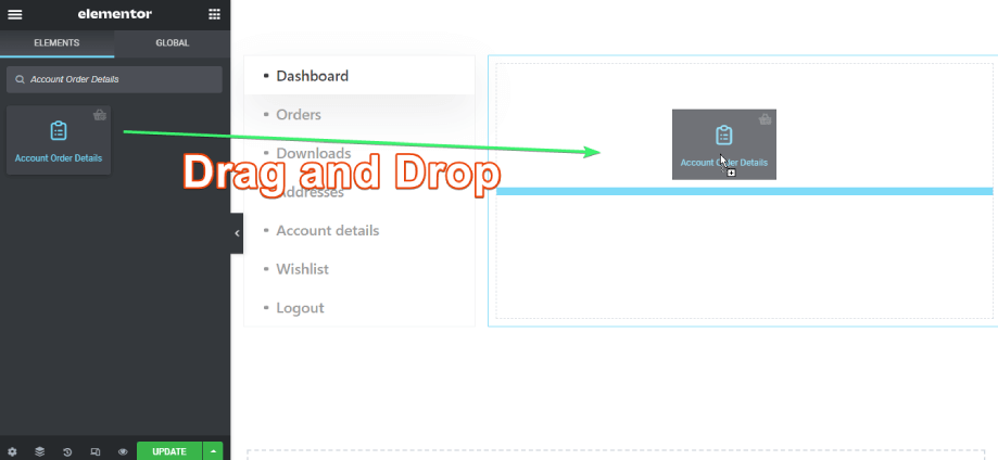 drag and drop account order details widget on elementor