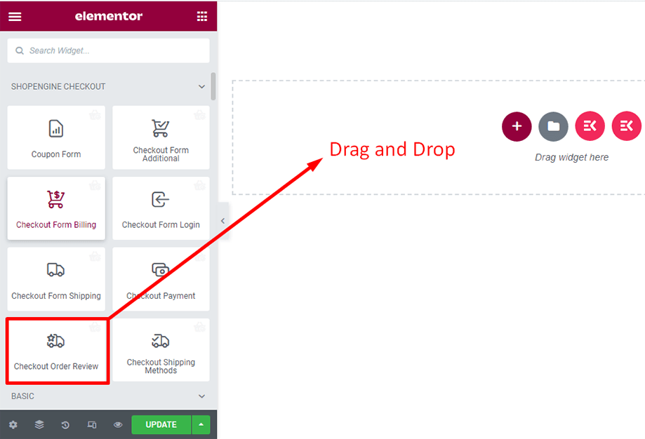Drag and drop checkout order review widget
