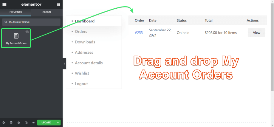 Drag and drop my account orders widget to elementor