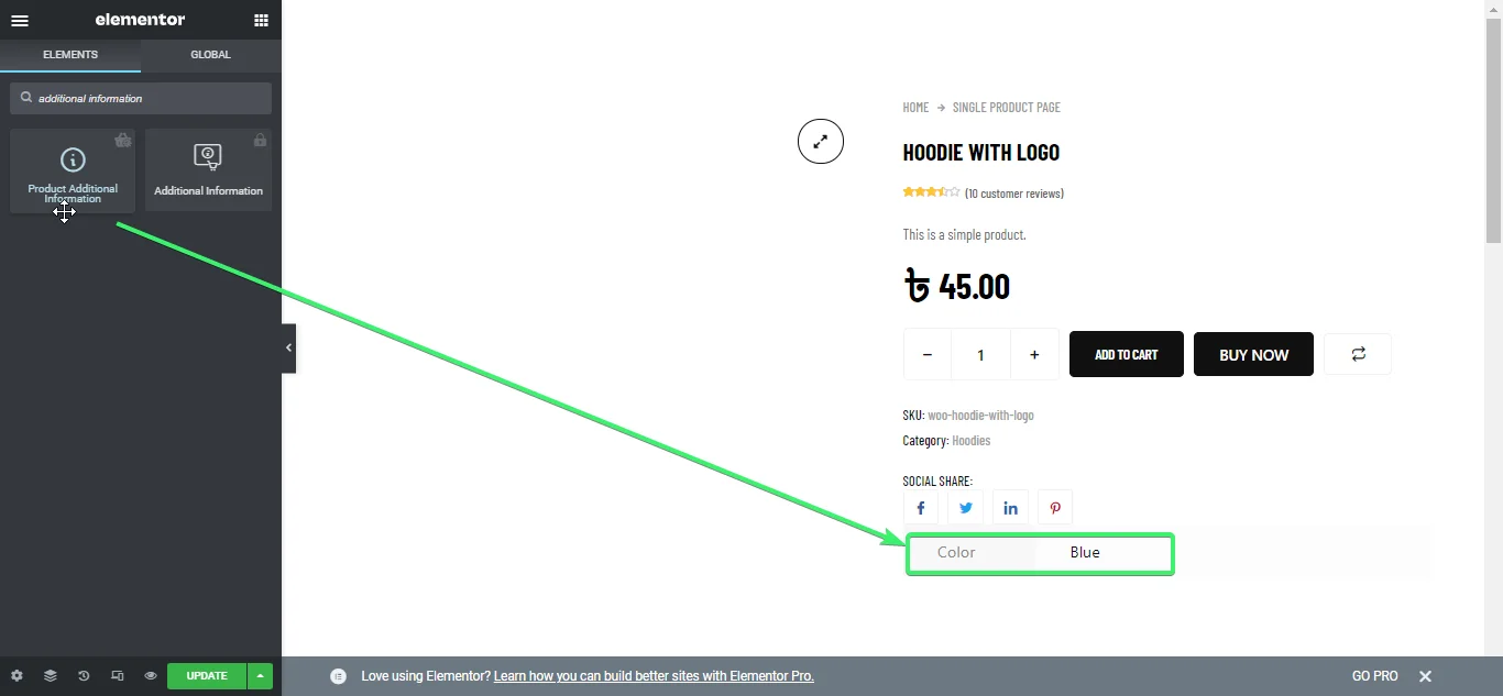 Drag and drop additional information widget onto the single product page