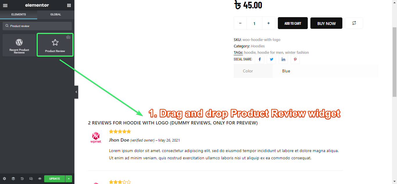 drag and drop the product review widget of ShopEngine