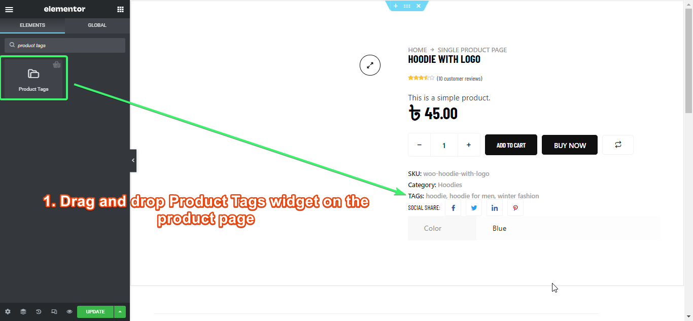 drag and drop product tags widget of ShopEngine on prdouct page