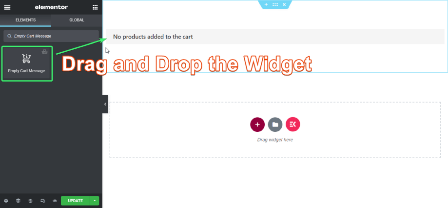 Drag and drop the empty cart message widget on the empty cart message template