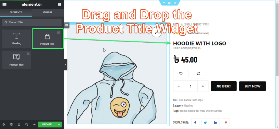 Drag and drop the product title widget of ShopEngine on Elementor content area