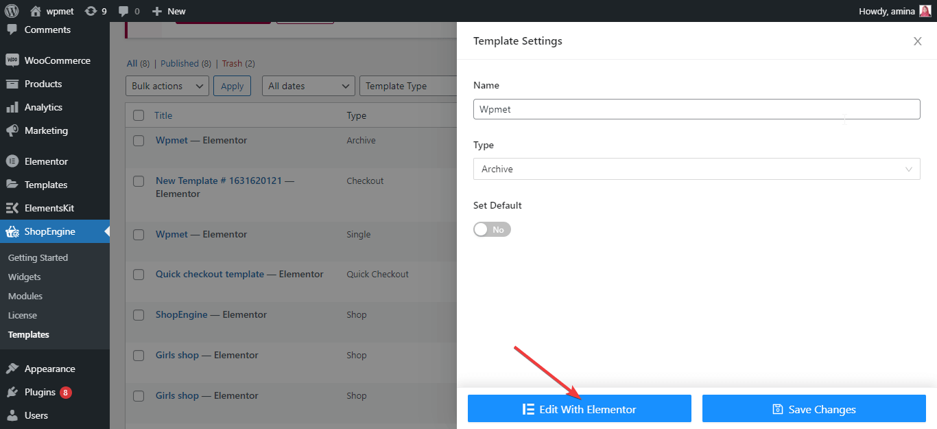 Edit template with Elementor
