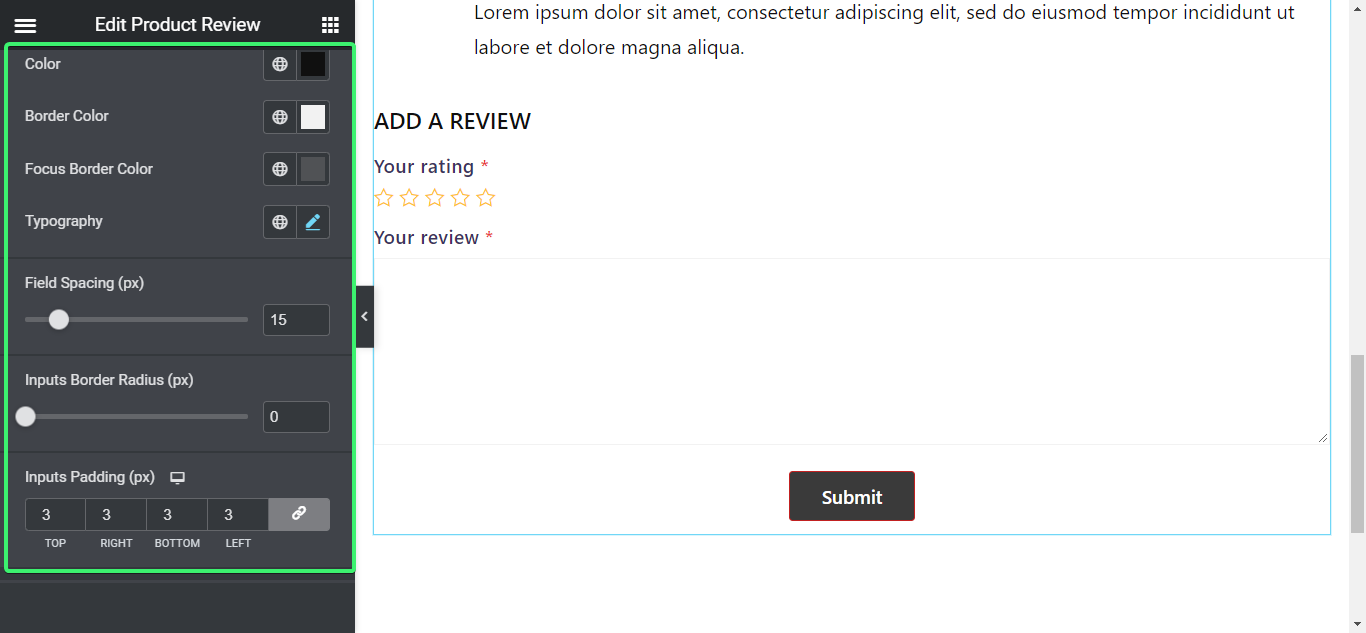edit the form input styles of the product review widget of ShopEngine
