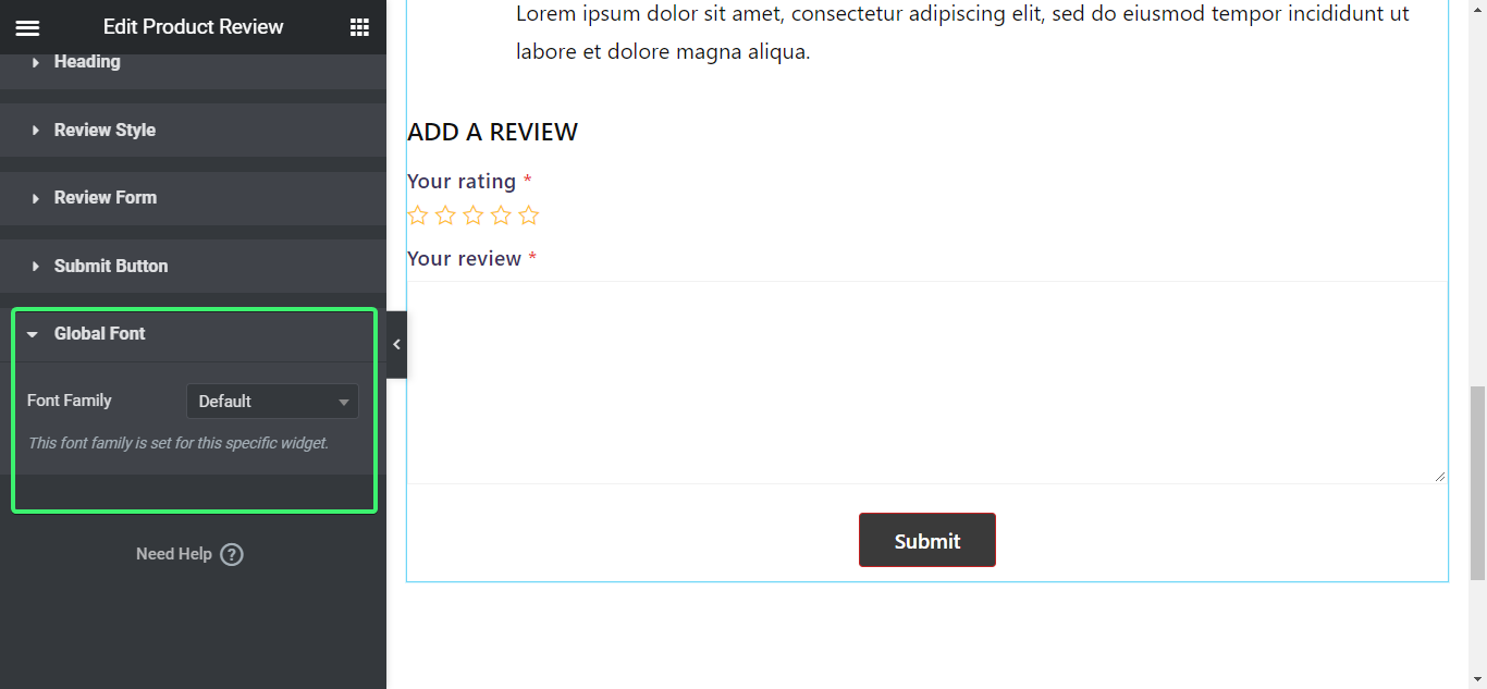 edit and customize the global font of product review widget on Elementor