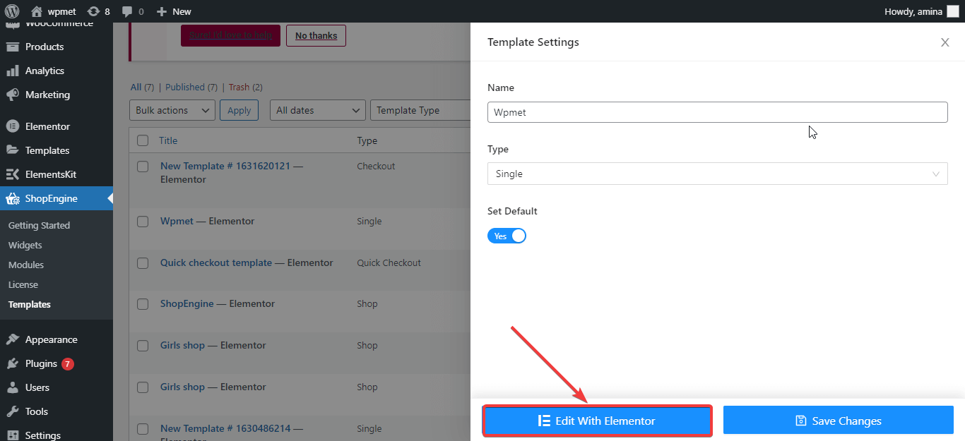 Edit template with Elementor