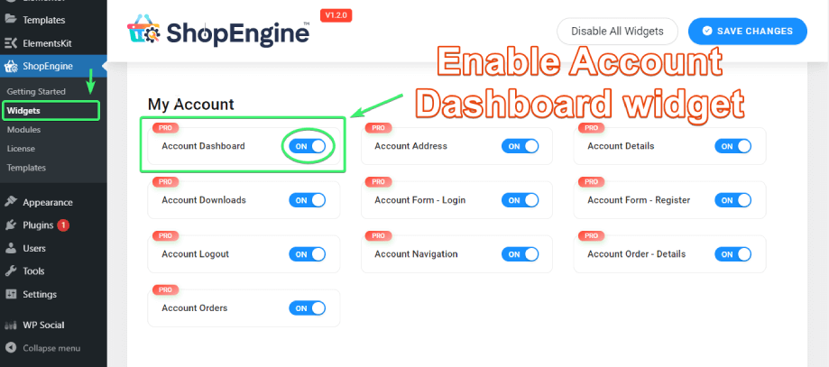 Enable Account Dashboard widget from  the list of My Account widgets