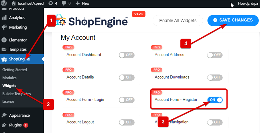 Enable account form register