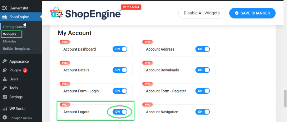 Activate the account logout widget from the list of my account widgets
