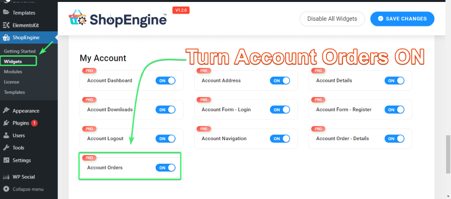 enable the account orders widdget from the list of my account widgets