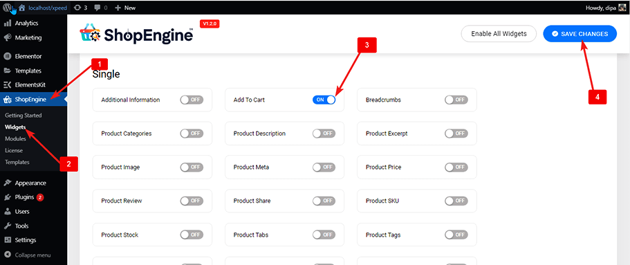 enable add to cart widgets 