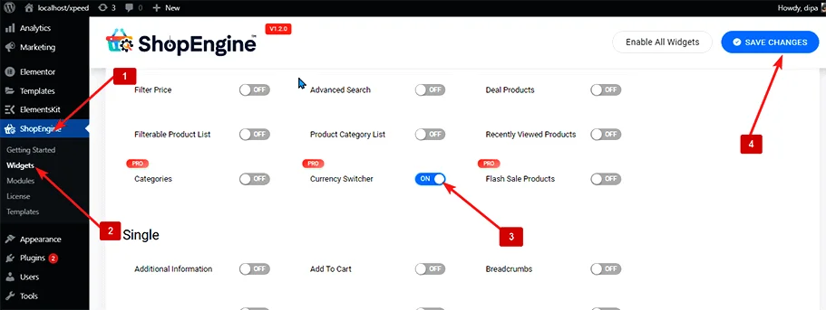 enable currency switcher widget of ShopEngine