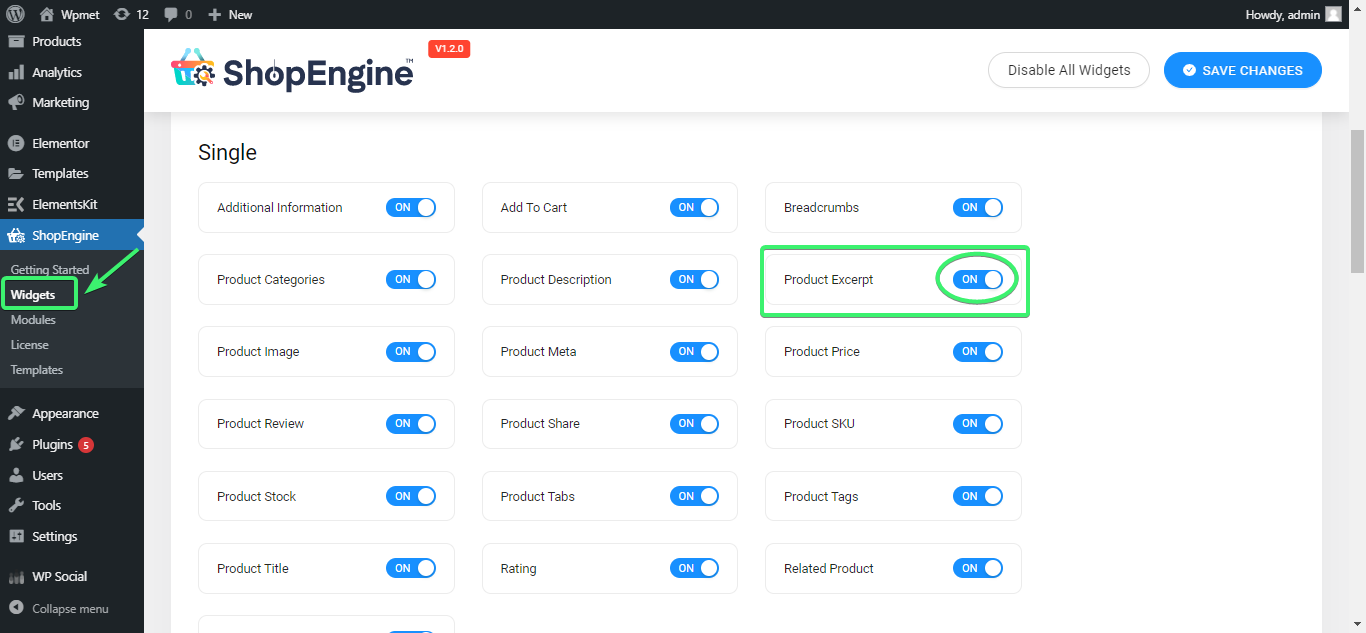 Enable product excerpt widget of ShopEngine