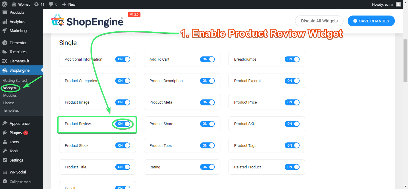 enable the product review widget of ShopEngine
