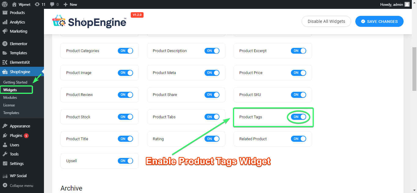 enable product tags widget of ShopEngine