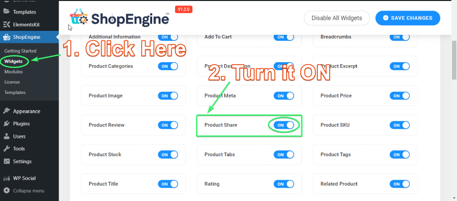 Switch ON the product share widget of ShopEngine