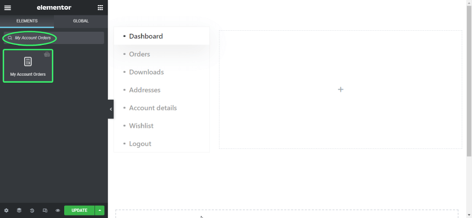 search and find the account orders widget on elementor