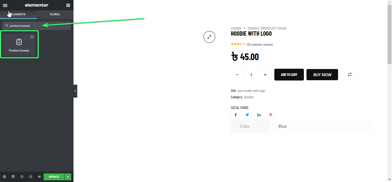 Find product excerpt widget on elementor