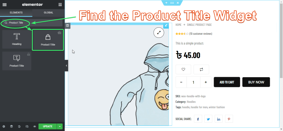 Find the product title widget of ShopEngine on Elementor