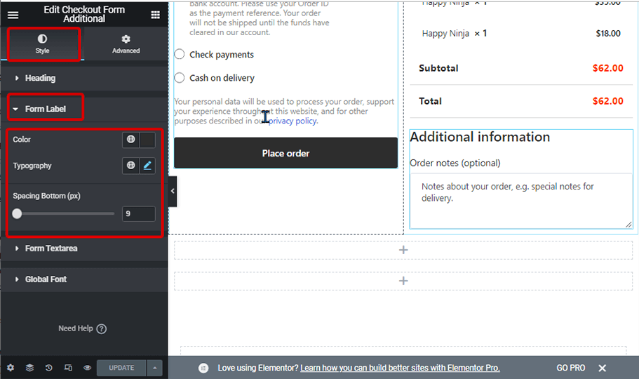 form label style checkout form additional