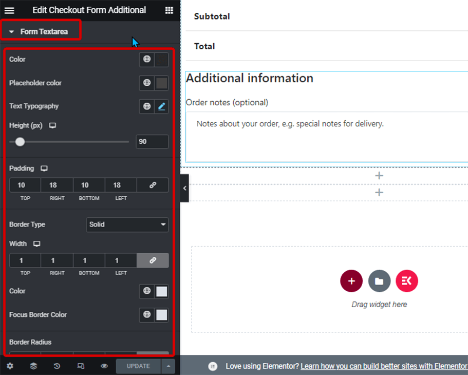 form textarea style checkout form additional