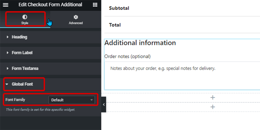 global font style checkout form additional