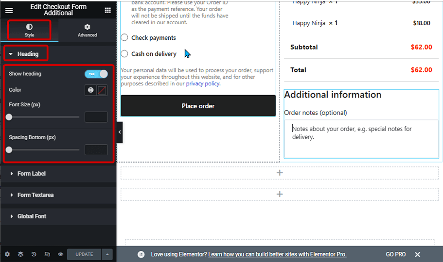 heading style checkout form additional