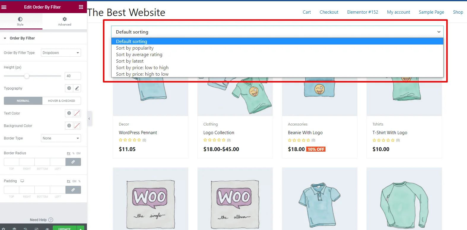 set the style for order by filter