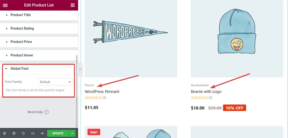 Add global font with product list