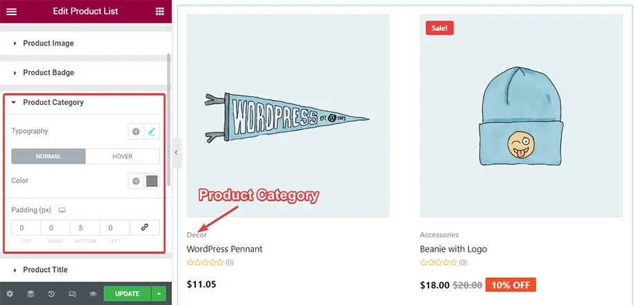 Style editing of product category