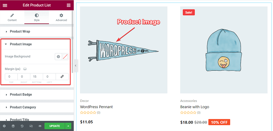 Style editing of product image