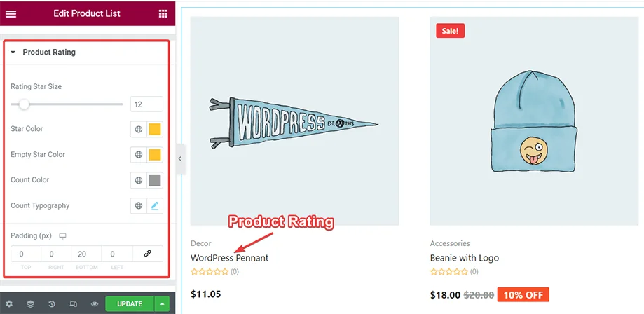 edit product rating with product list widget