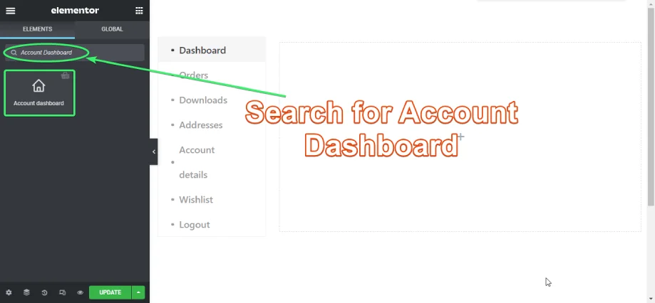 Find the Account Dashboard Widget on Elementor